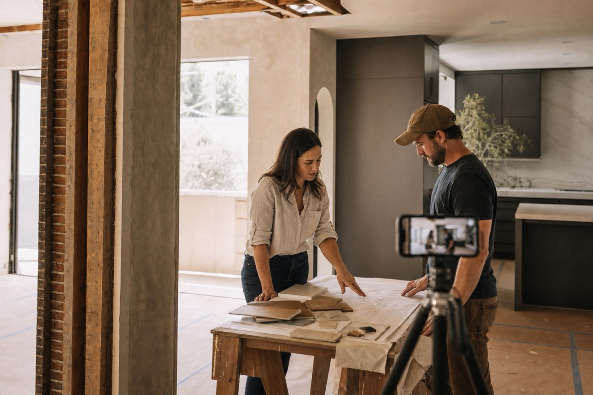 Designer and builder reviewing plans in an active renovation while a phone records progress