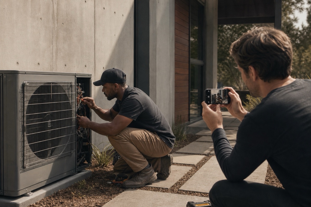 HVAC technician servicing a heat pump while a teammate records useful process footage