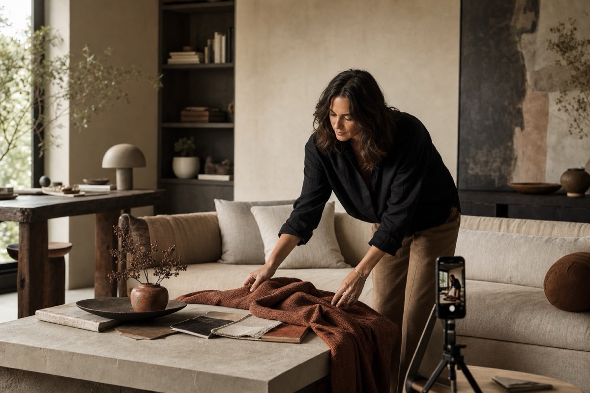 Interior designer styling a refined room while a phone records the process
