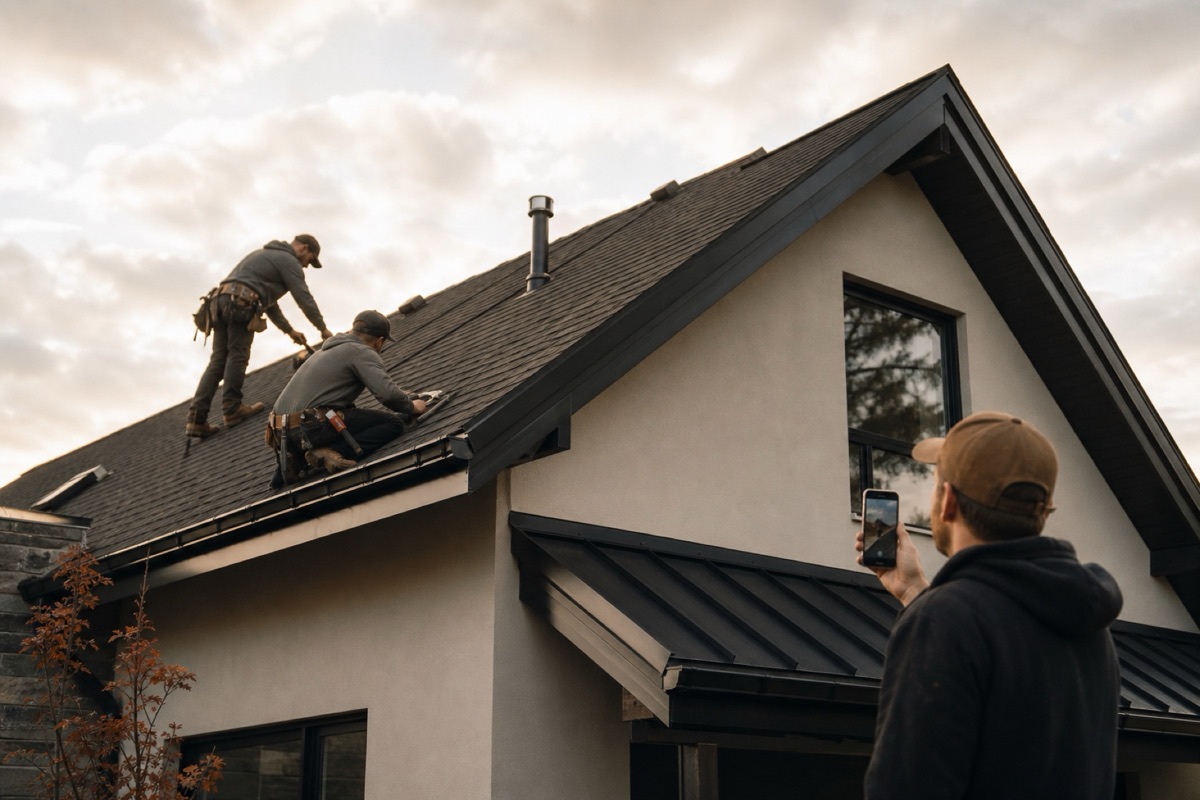 Roofing crew working on a modern home while a teammate captures jobsite footage